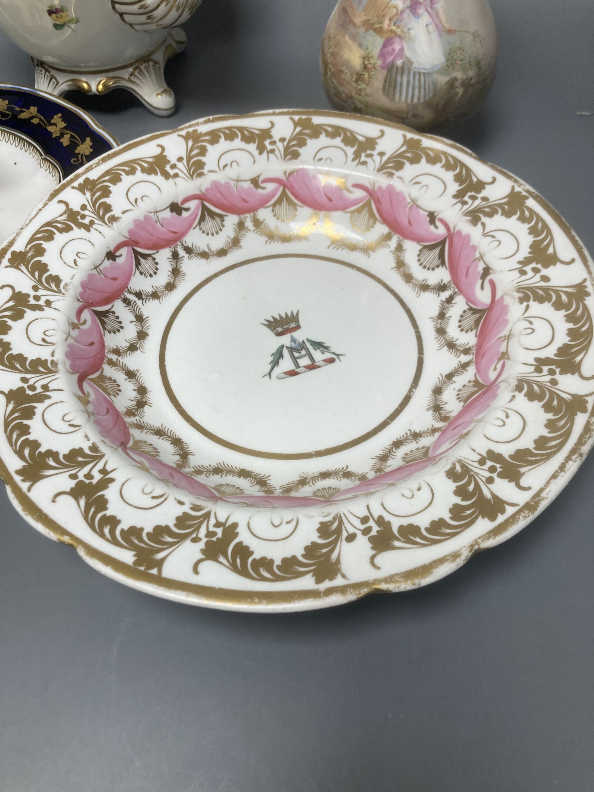 A Sevres outside decorated vase, dated 1877, Spode and Derby plates, a teapot and two other items